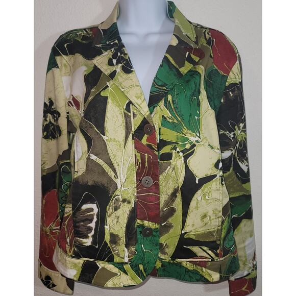 Chico's Green Brown Button Front Bold Floral Print Women's Blazer 1 M 8/10 - Picture 1 of 6
